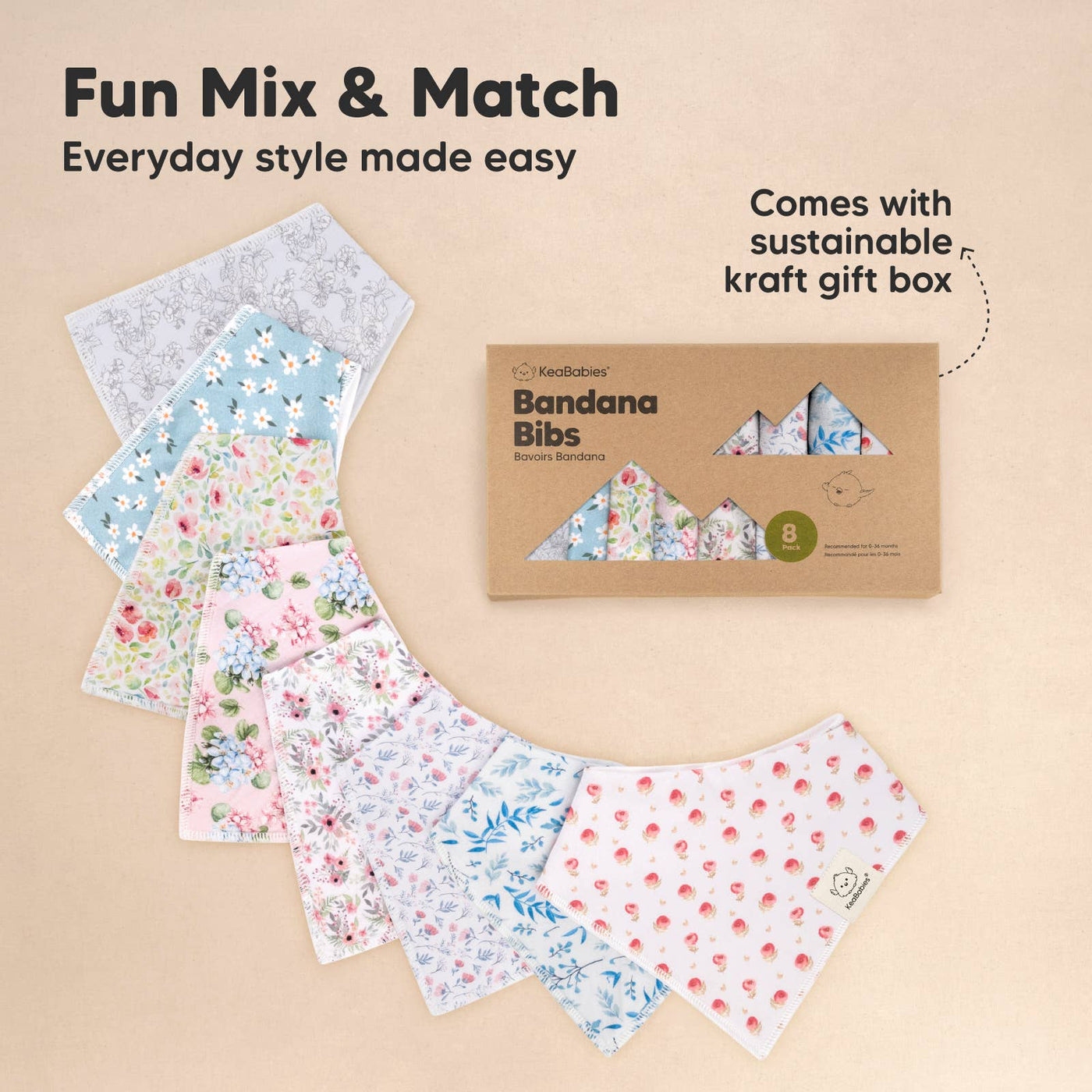 KeaBabies 8-pack Baby Bandana Bibs, Flourish