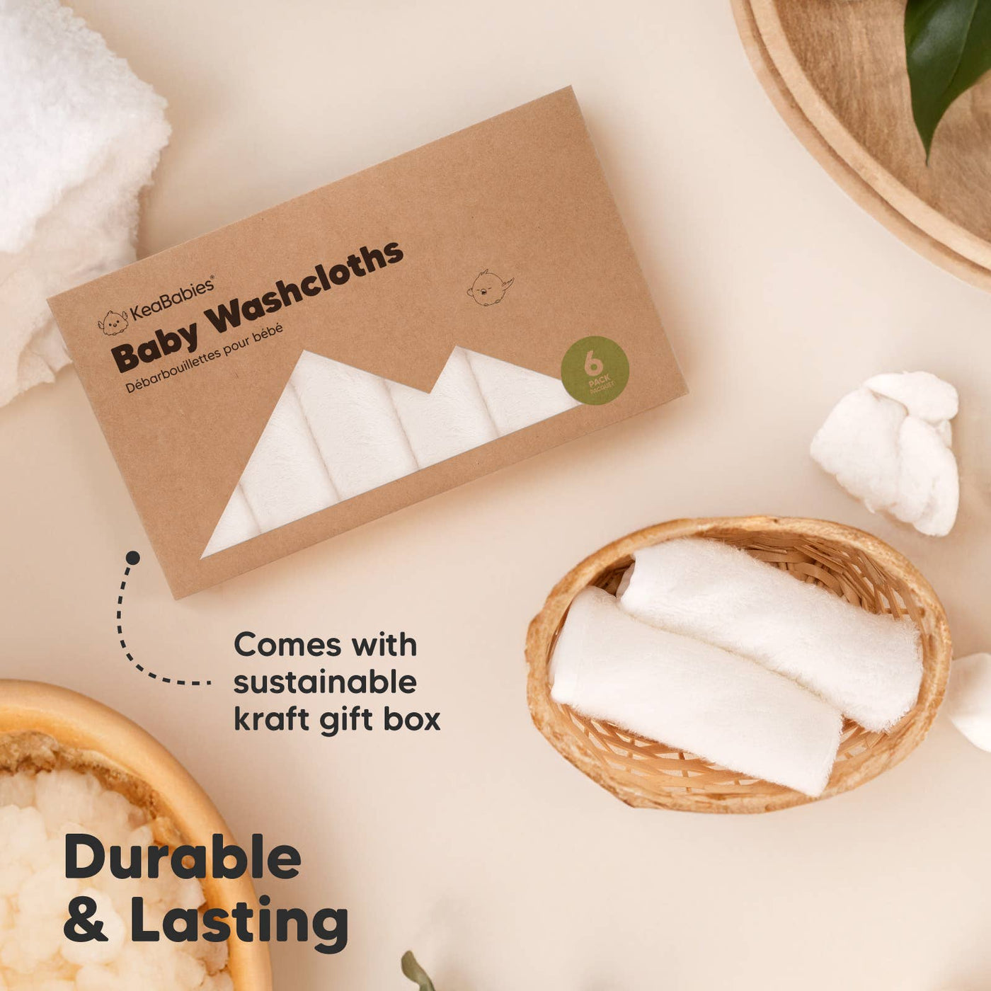 KeaBabies 6-Pack Baby Wash Cloths, White