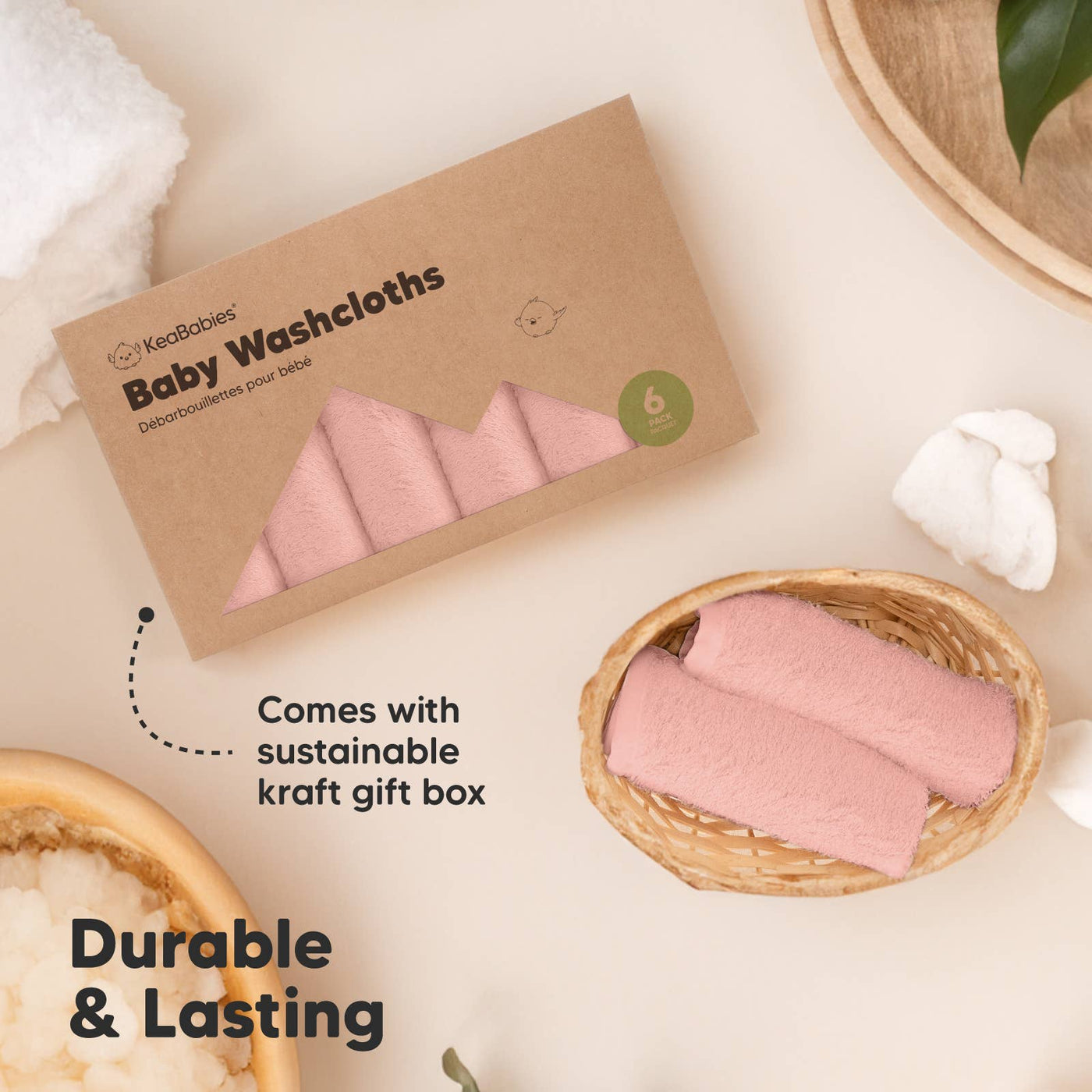 KeaBabies 6-Pack Baby Wash Cloths, Blush Pink