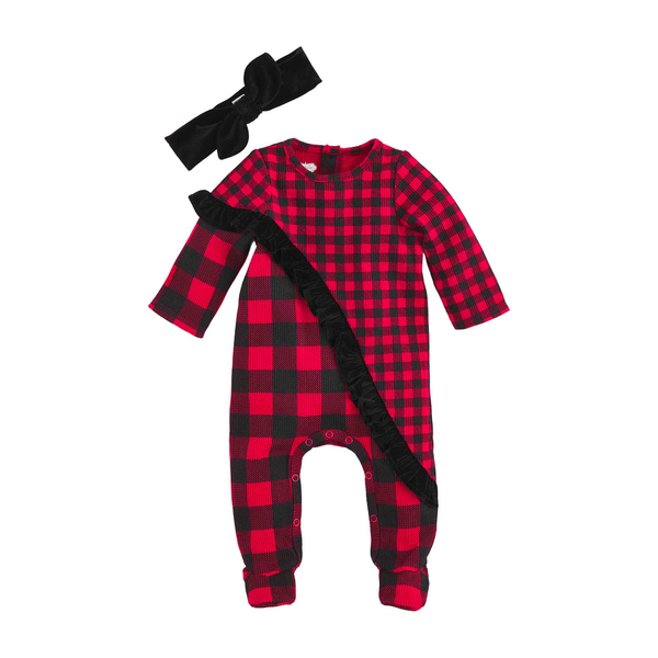 Mud Pie Buffalo Check Velvet Ruffle Sleeper - Red / Black