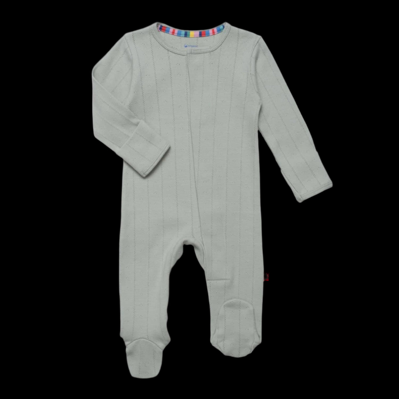 A gray Magnetic Me Organic Cotton Magnetic Footie for babies, laid flat on a white background.
