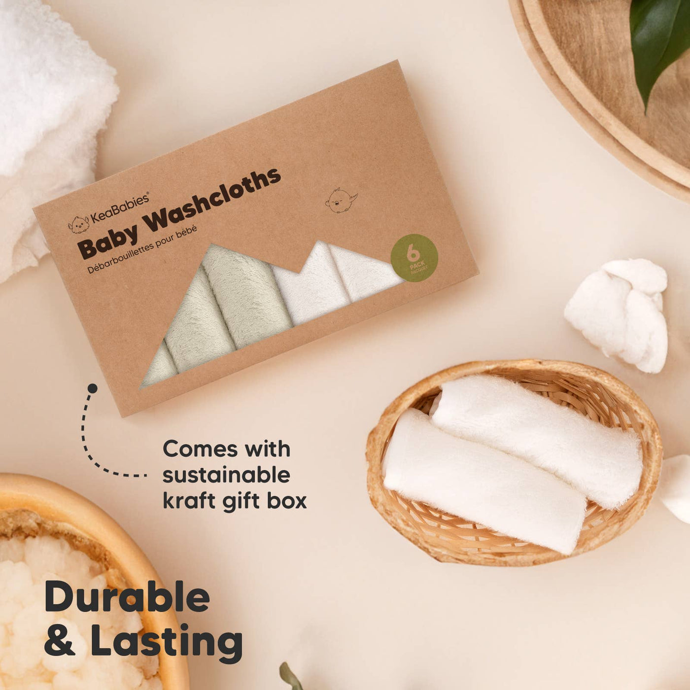 KeaBabies 6-Pack Baby Wash Cloths, White/Stone