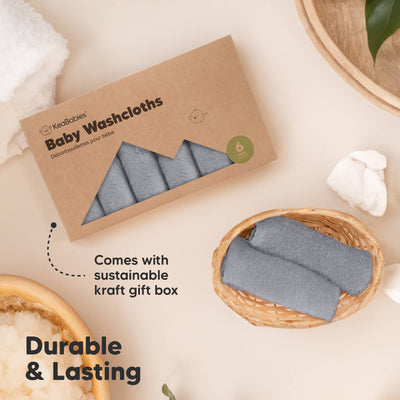 KeaBabies 6-Pack Baby Wash Cloths, Cool Gray