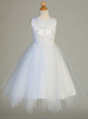 Sweet Pea & Lilli Communion Dress SP612 Embroidered Applique w/ Sequins & Tulle  Heart back Cut out