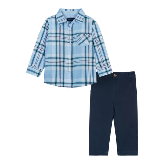 Andy & Evan Plaid Button Shirt and Navy Pant Set