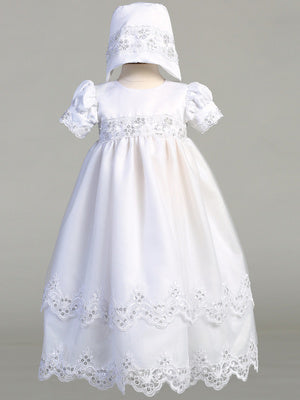Naomi Christening Dress  Satin & Tulle Gown w/ Embroidered Trim